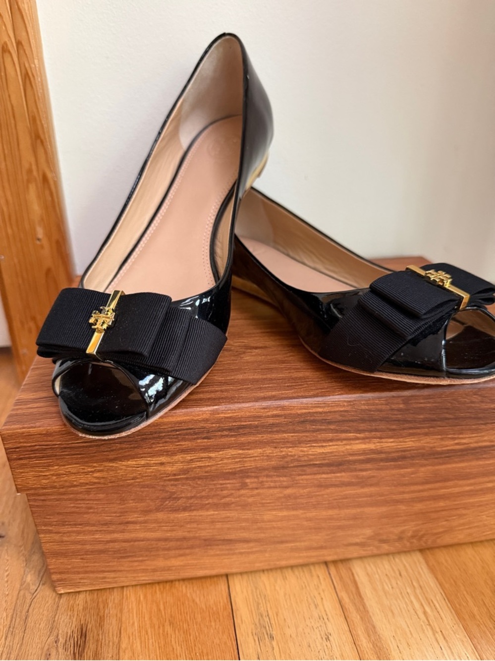 Tory Burch Black Patent Peep-Toe Flats with Grosgrain Bow and Gold Logo Accent